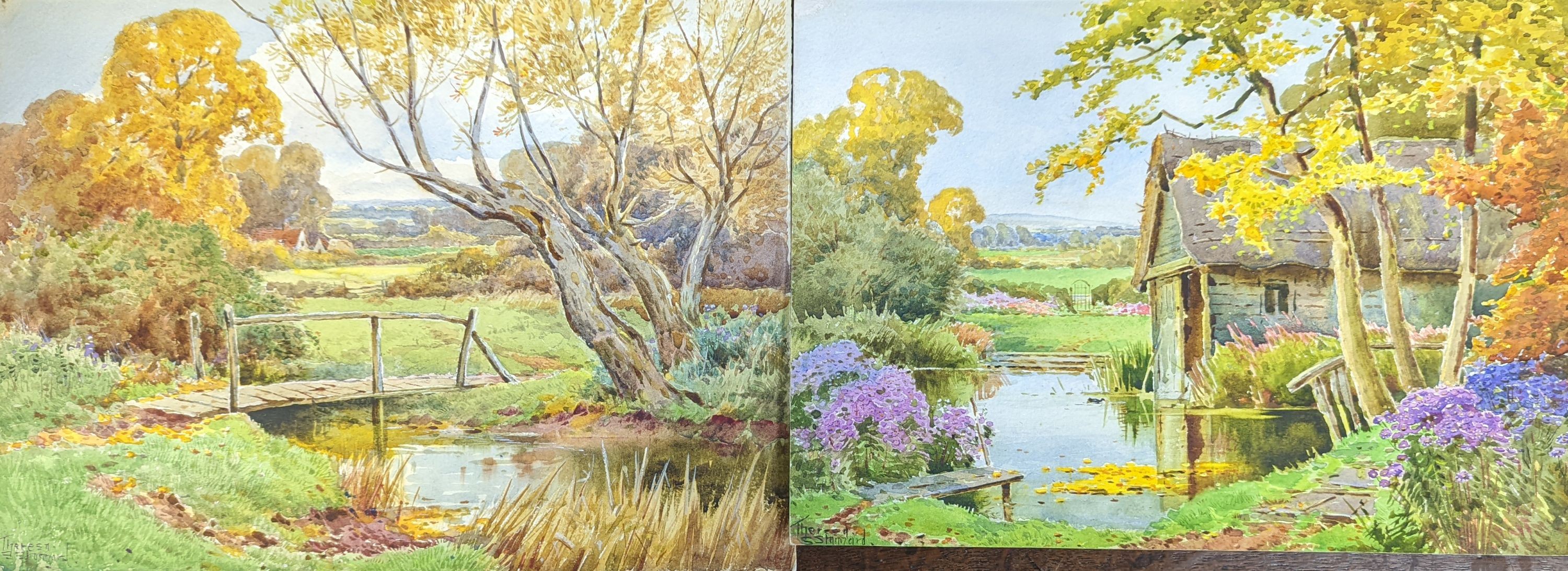 Theresa S. Stannard (1898-1947), two watercolours, stream and bridge & lake with boathouse, signed, 25 x 35cm & 27 x 36cm. both unframed.